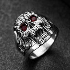 Gothic Exaggerated Skull Ring with Red Eyes — Silver-Tone