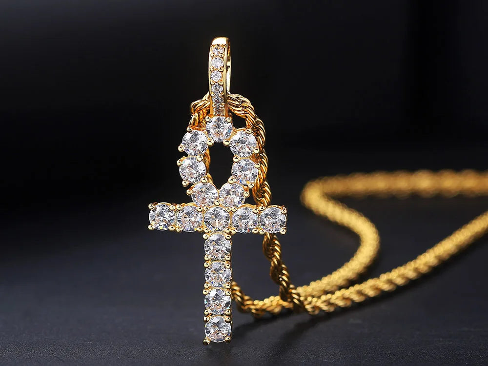 Gold Iced Out Cross Ankh Pendant Necklace