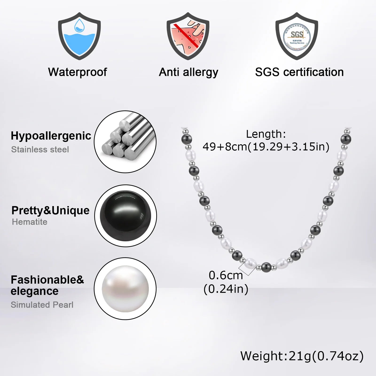 Hematite Pearl Bead Necklace — Stainless