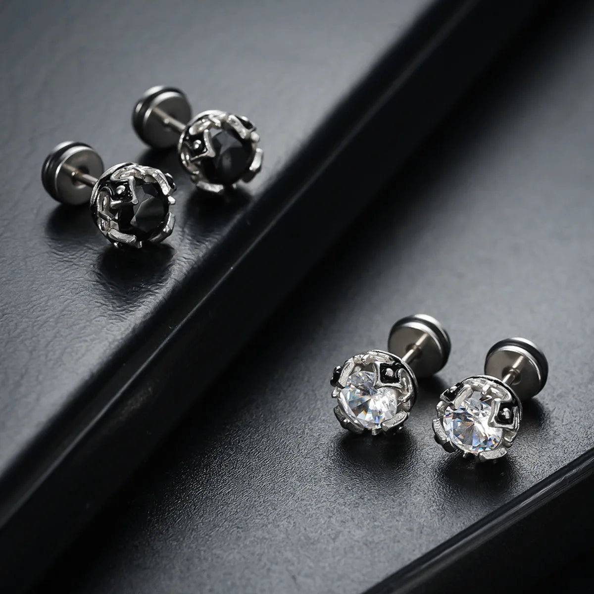 Black Zircon Stud Earrings — Stainless Steel