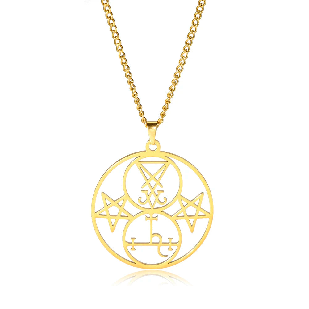 EUEAVAN Sigil of Lucifer Lilith Double Seal Pendant Necklace Church Satan Demon Satanic Stainless Steel Pentagram Amulet Jewelry
