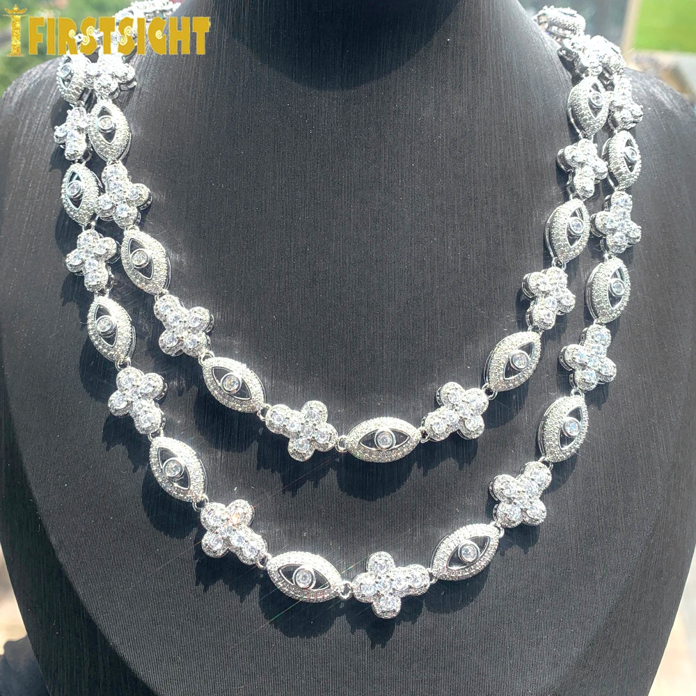 2025 New Eye Cross Necklace Iced Out Bling Silver Color Cubic Zirconia Charm Tennis Chain for Men Women Hip Hop Jewelry
