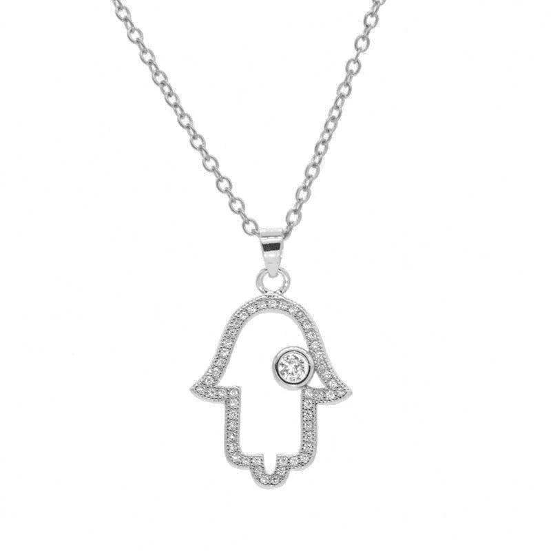 Iced Evil Eye Hamsa Pendant Necklace — Gold-Tone
