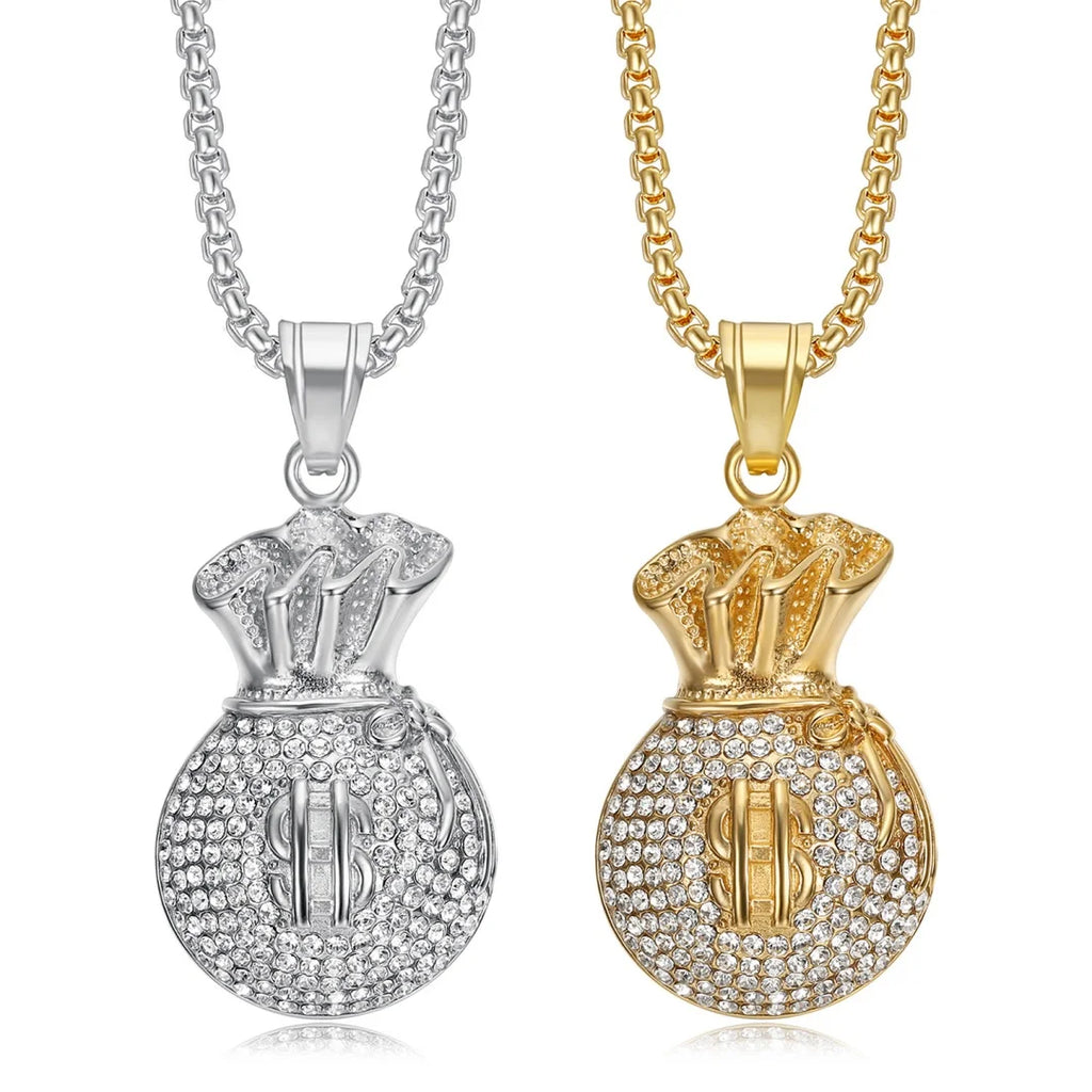 Hip Hop Moneybag Dollar Signs Iced Out Bling CZ Pendant Men Gold Silver Color Stainless Steel Wealth Necklace for Women Jewelry