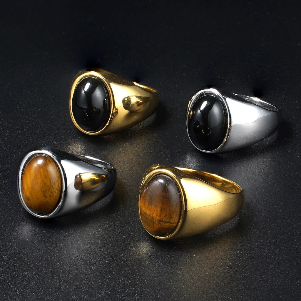 Stone Inlay Ring — Black Gold Silver, 316L Stainless Steel