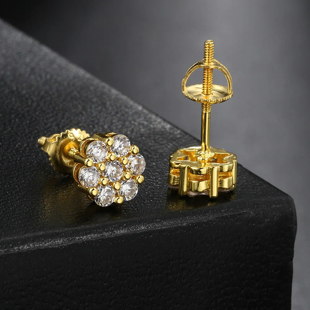 Iced Out Flower Stud Earrings — Gold
