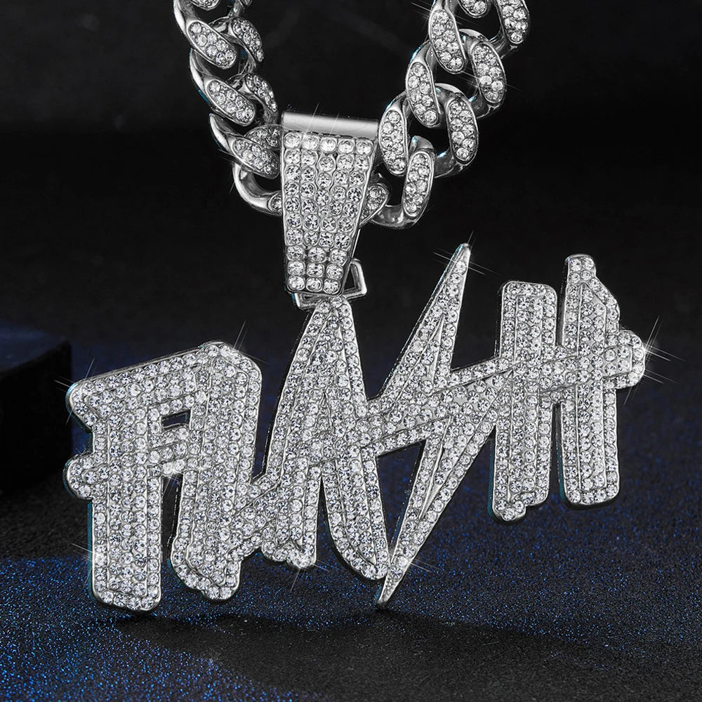 New Hip Hop Flash Lightning Large Letter Pendant Necklace With 13mm Cuban Chain Letters Necklaces For Men's Women Rapper Jewelry