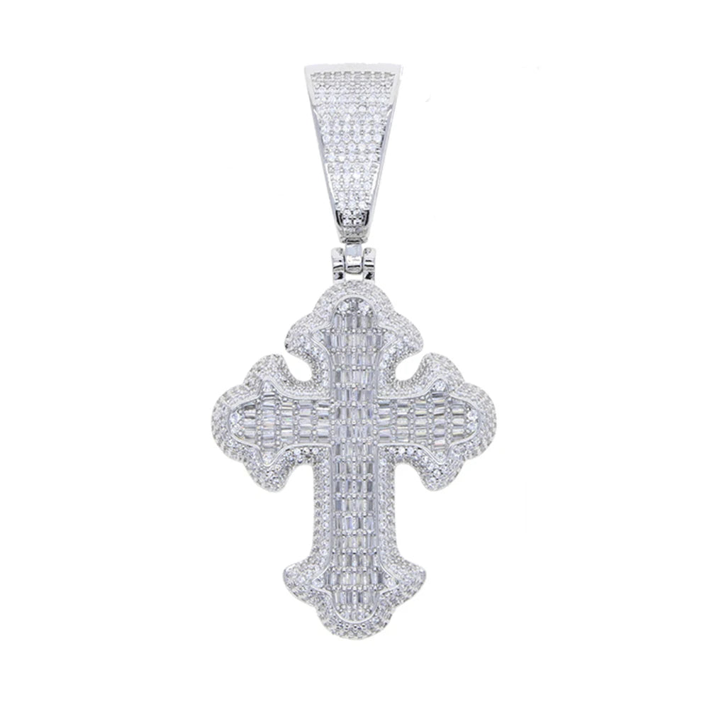 New Iced Out Bling CZ Cross Pendant Necklace Silver Color Prong Setting Cubic Zirconia Jesus Charm Men Women Hip Hop