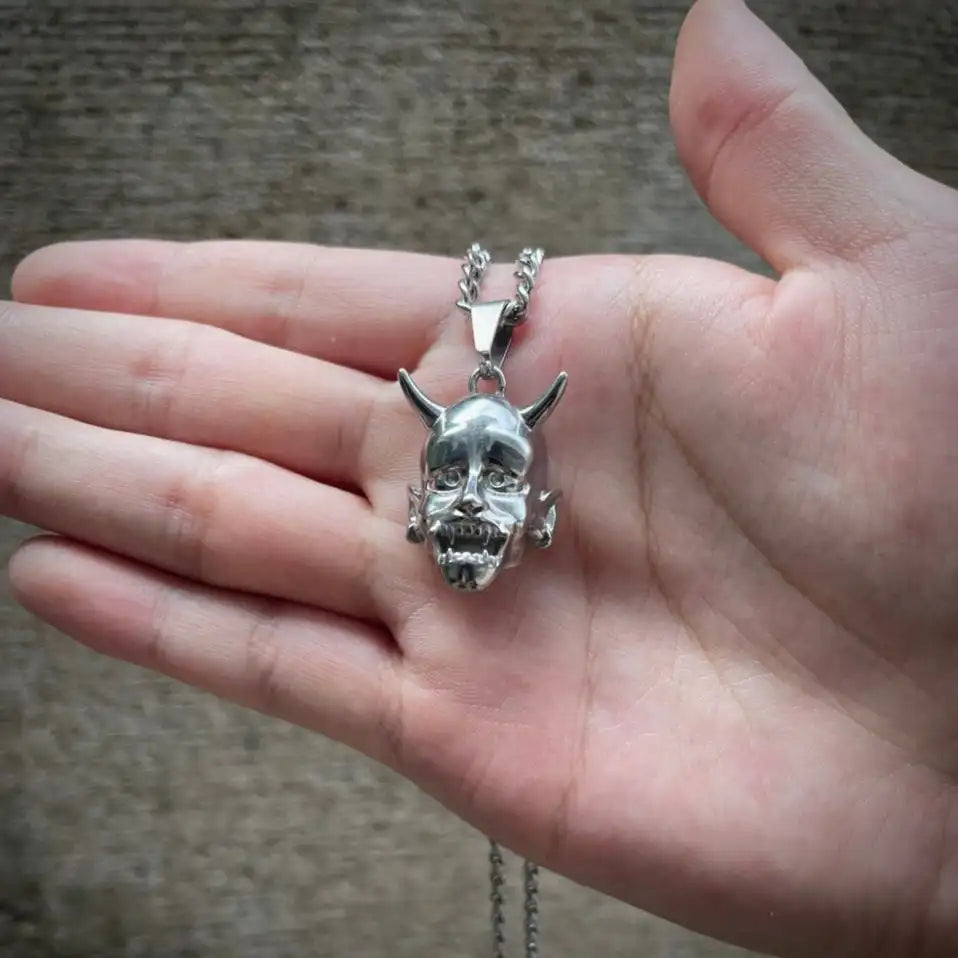 Japanese Hannya Mask Pendant Necklace — Stainless Steel