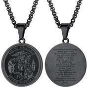 Round Archangel Michael Medal Pendant Necklace Black Color Stainless Steel Box Chain Necklace For Women Catholic