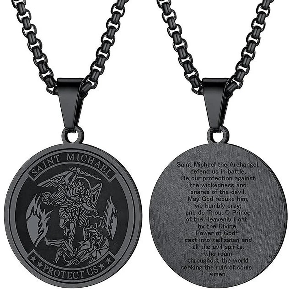 Round Archangel Michael Medal Pendant Necklace Black Color Stainless Steel Box Chain Necklace For Women Catholic