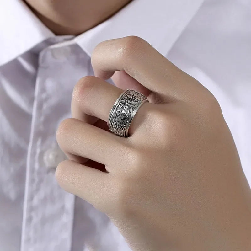 Classic Style Rotatable/Four Great Divine Beast Domineering 925 Silver Mens Rings Vintage Wide Ring Exquisite Charm