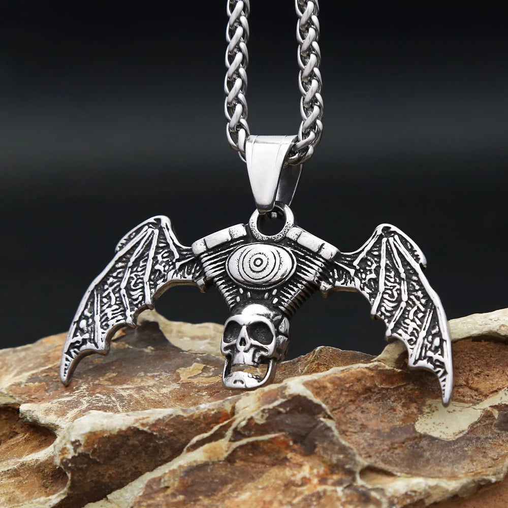Skull Engine Demon Wings Pendant — Stainless