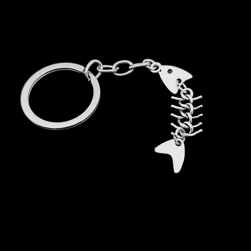 Fish Bone Keychain — Metal Key Holder, Silver & Enamel