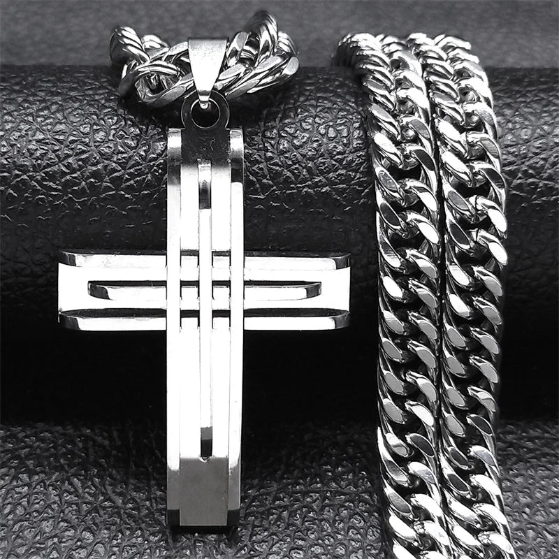 Cross Layered Silver Pendant Necklace — Stainless Steel