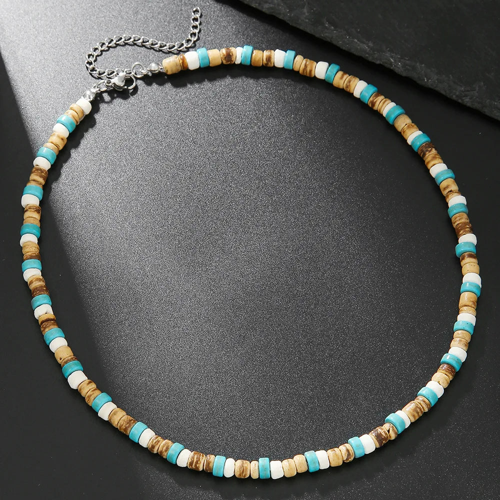 Fashion Nature Stone Wooden Necklace For Men Trendy Wooden Coconut Shell Natural Turquoise Beaded Necklace Gifts