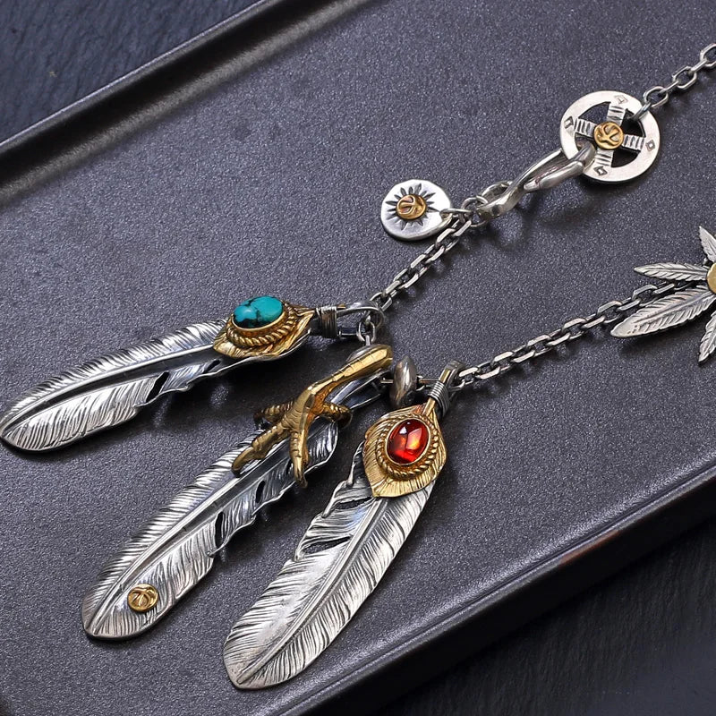 HX Silver Color Taiko Chain Set Chain Style Turquoise Feather Necklace Women's Sweater Chain Fashion Jewelry Accessories