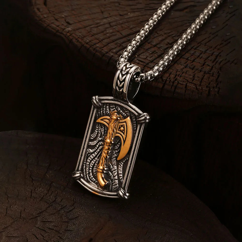 Viking Axe Rectangle Pendant Necklace for Men — Stainless Steel