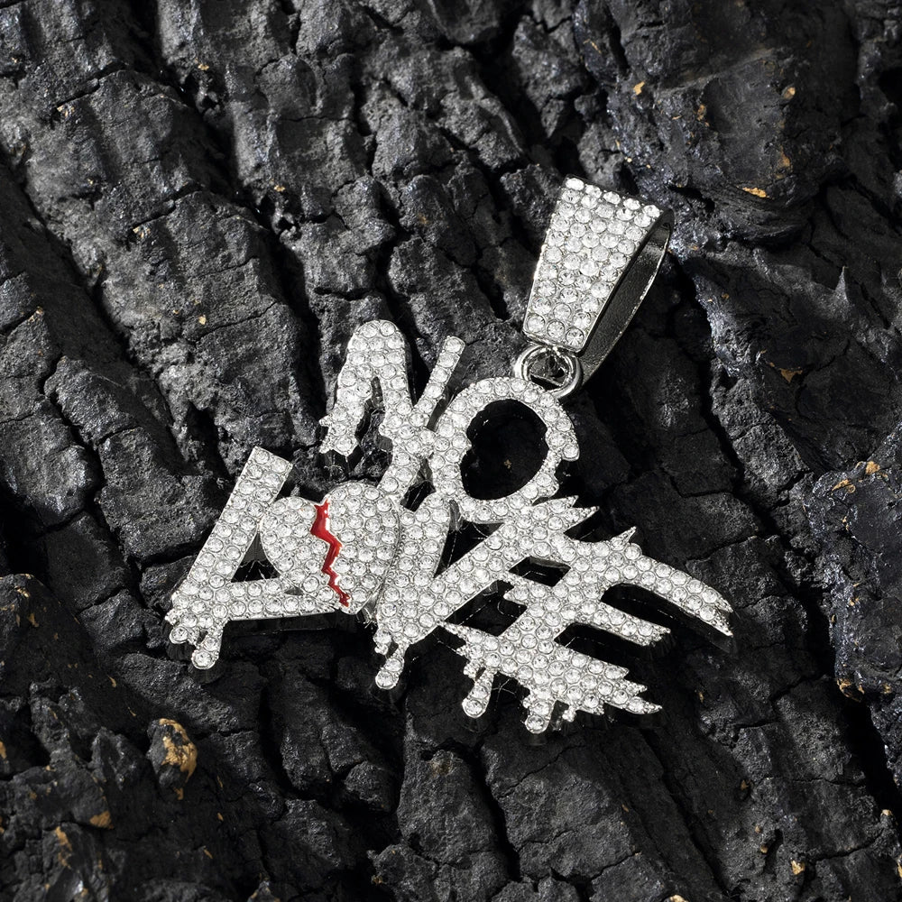 Men Women Hip Hop No Love Heart Letter Pendant Necklace with 13mm Cuban Chain Iced Out Bling Hiphop Necklaces Charm