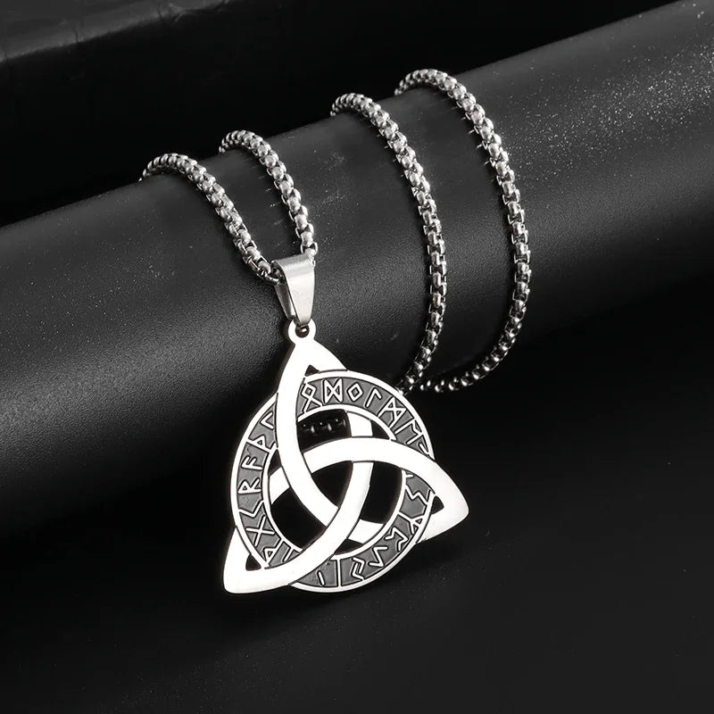 Stainless Steel Trinity Celtic Knot Nordic Rune Pendant Necklace Retro Ethnic Style Irish Knot Lucky Amulet Jewelry for Men