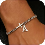 Men Cross Cuban Chain Bracelets for Men Initial A-Z Faith Cross Bracelets, Stainless Steel Initial Bracelet Religious