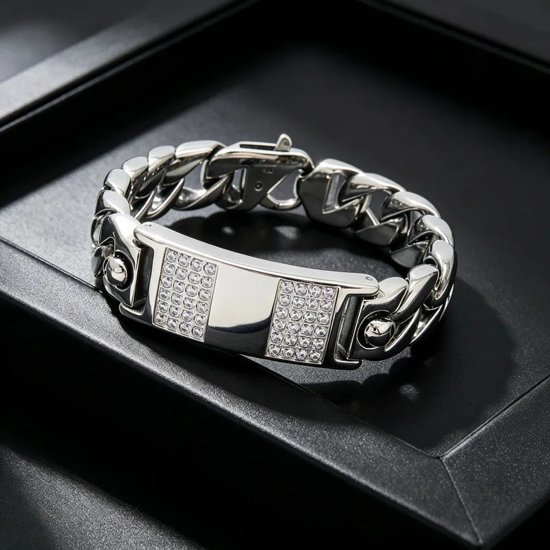 Heavy Chunky Cuban Link Chain Bracelet Jewelry High Quality Stainless Steel Zircon Bracelet Men Accessories