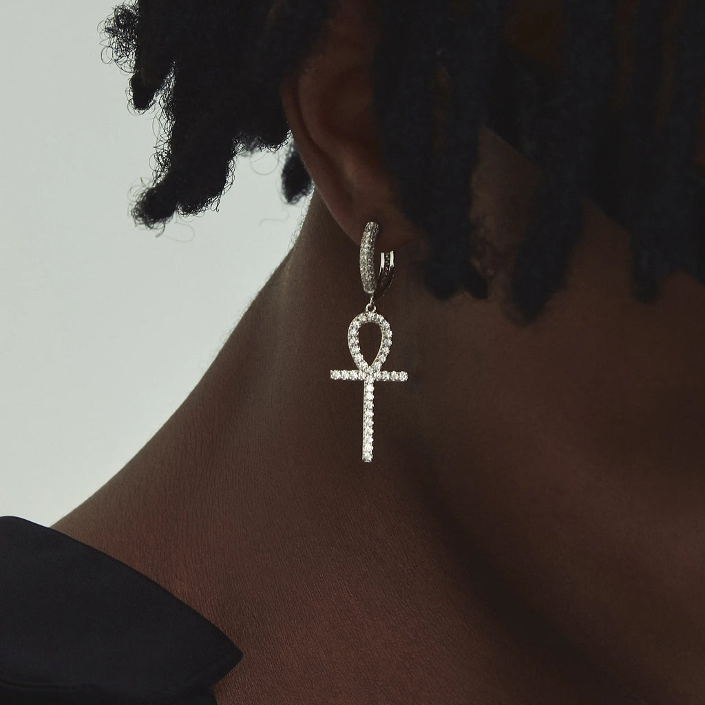 Iced Out Ankh Dangle Hoop Earrings CZ
