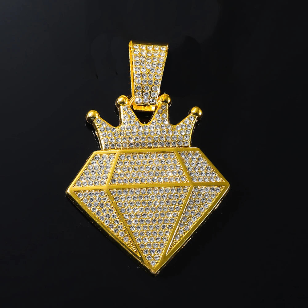 Hip Hop Iced Out Crown Pendant Necklace With 13mm Rhinestone Cuban Chain Bling Necklaces Men Women Fashion Charm
