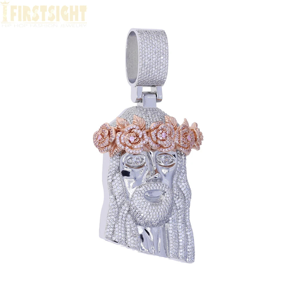 Iced Out Rose Flower Jesus Head Pendant Necklace Two Tone Color CZ Zircon Faith Charm Men Women Hip Hop Fashion Rock