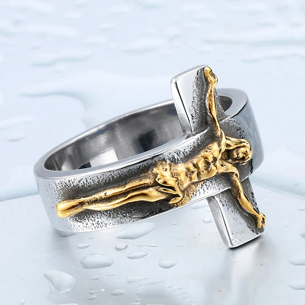 Men's Vintage Stainless Steel Jesus Cross Rings Fashion Character Relief Religious Ring Creative Party Gothic Jewelry