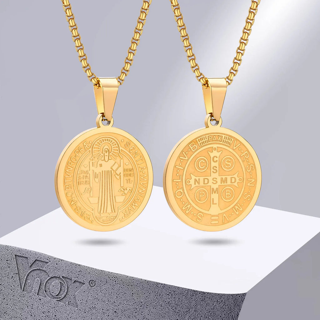 Vnox Men Saint Benedict Medal Necklace, Gold Color Stainless Steel Christian Sacramental Catholic Jewelry Gift,with Box