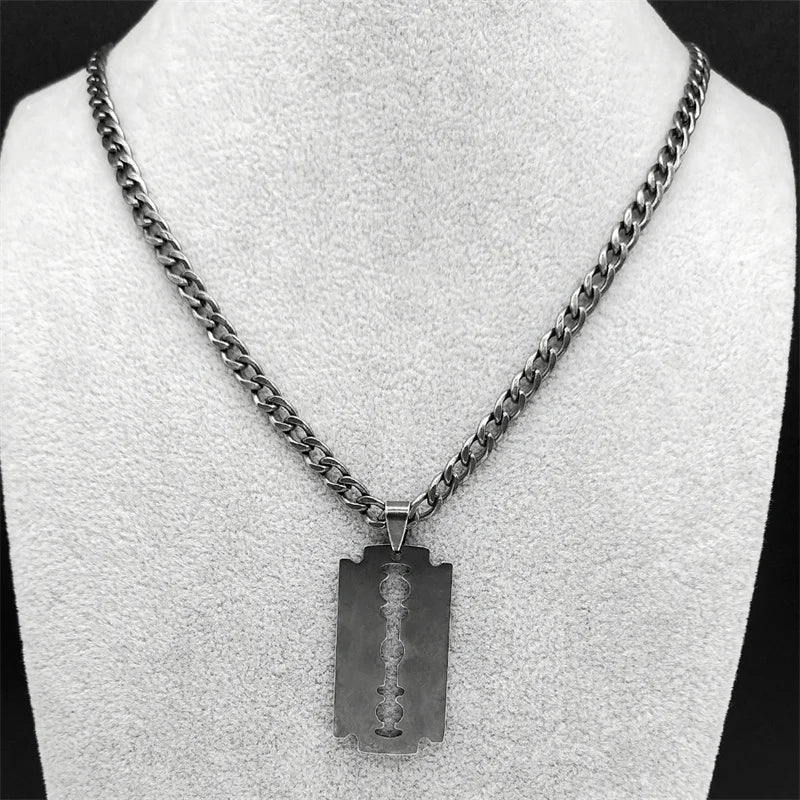 Razor Blade Long Necklace — Black Stainless