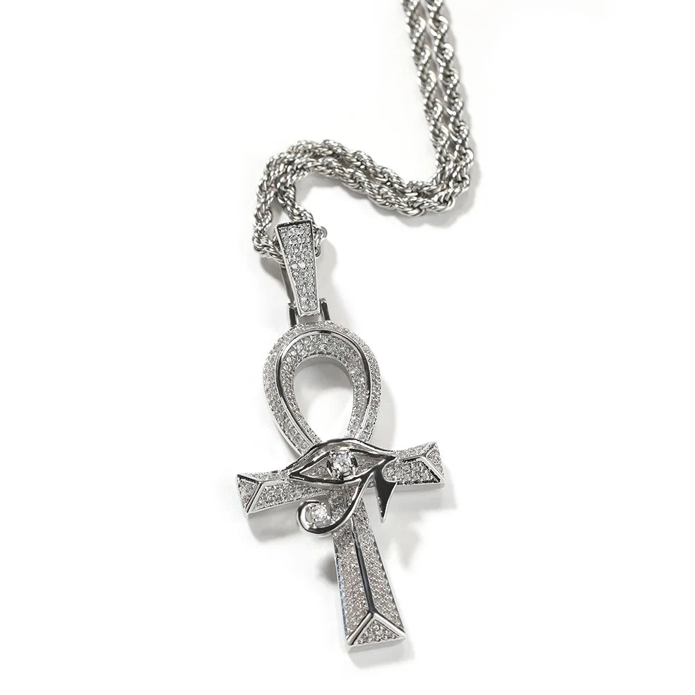 Shining Iced Out Ancient Egyptian God Eye of Horus Cross Pendant Necklace for Men and Women Hip Hop Trendy Amulet