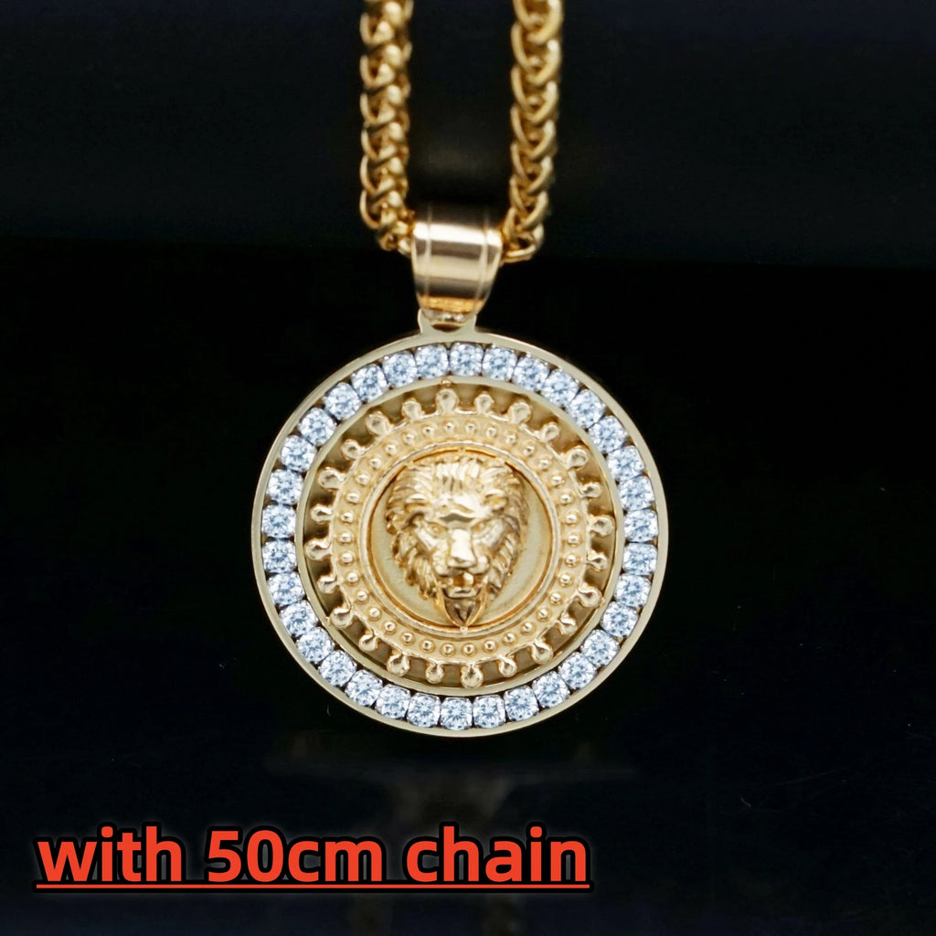 Lion Head Rhinestone Pendant Necklace — Stainless Steel
