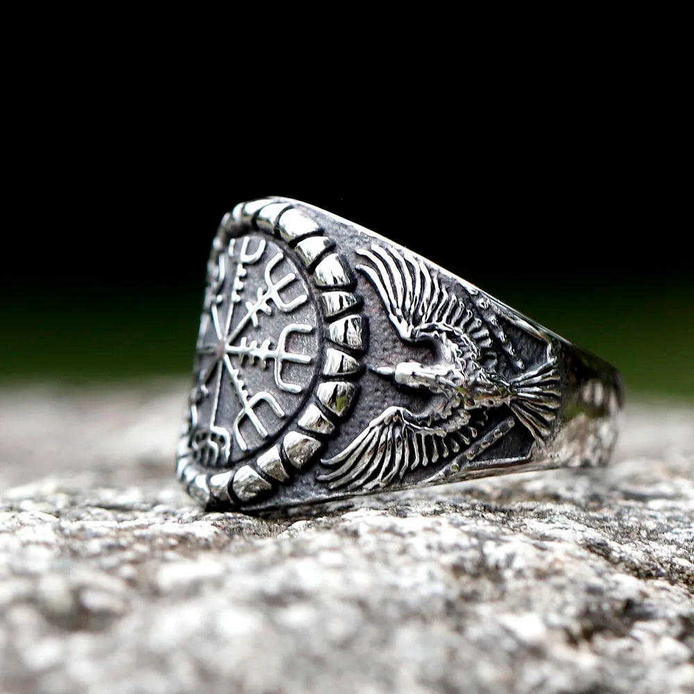 New Fashion 316L Stainless Steel Unique Viking Compass With Eagle Ring For Man Women Biker Jewelry for gift free