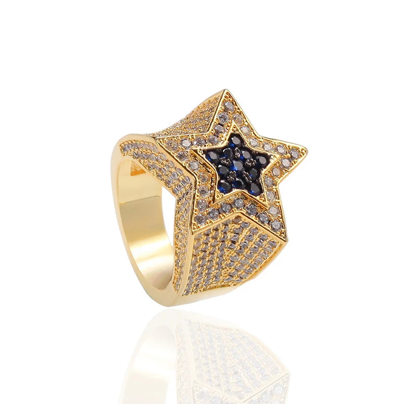 Hip Hop 3A+ CZ Stone Paved Bing Iced Out Five-Pointed Star Rings for Men Women Unisex Rapper Jewelry Gold Silver Color