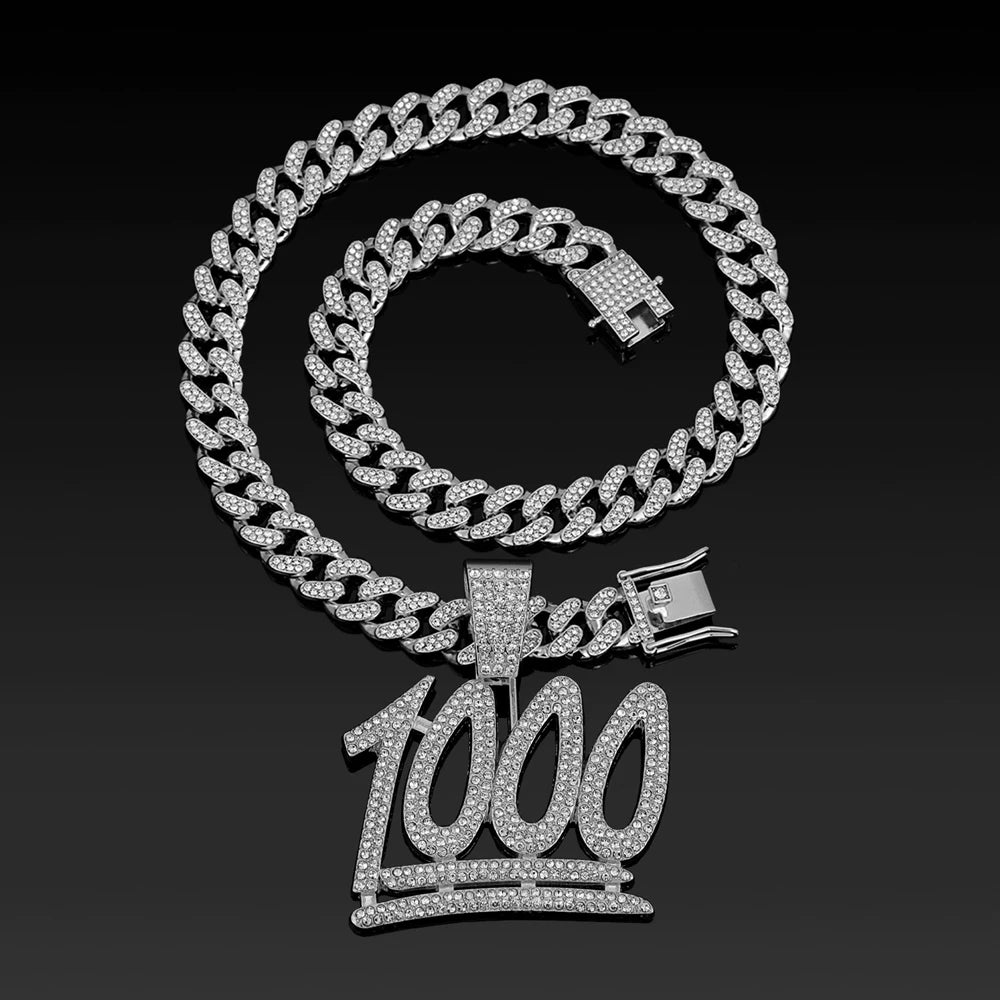 Fashion Shine Number 1000 Fraction Pendant Necklace With14mm Crystal Cuban Chain For Men Women Hip Hop Party Jewelry Accessories