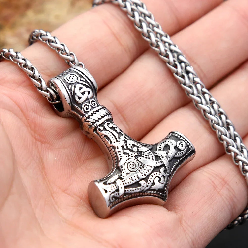 Unique Vintage Viking Thor Hammer Pendant For Men Stainless Steel Celtic Knot Necklace Punk Amulet Jewelry Gifts