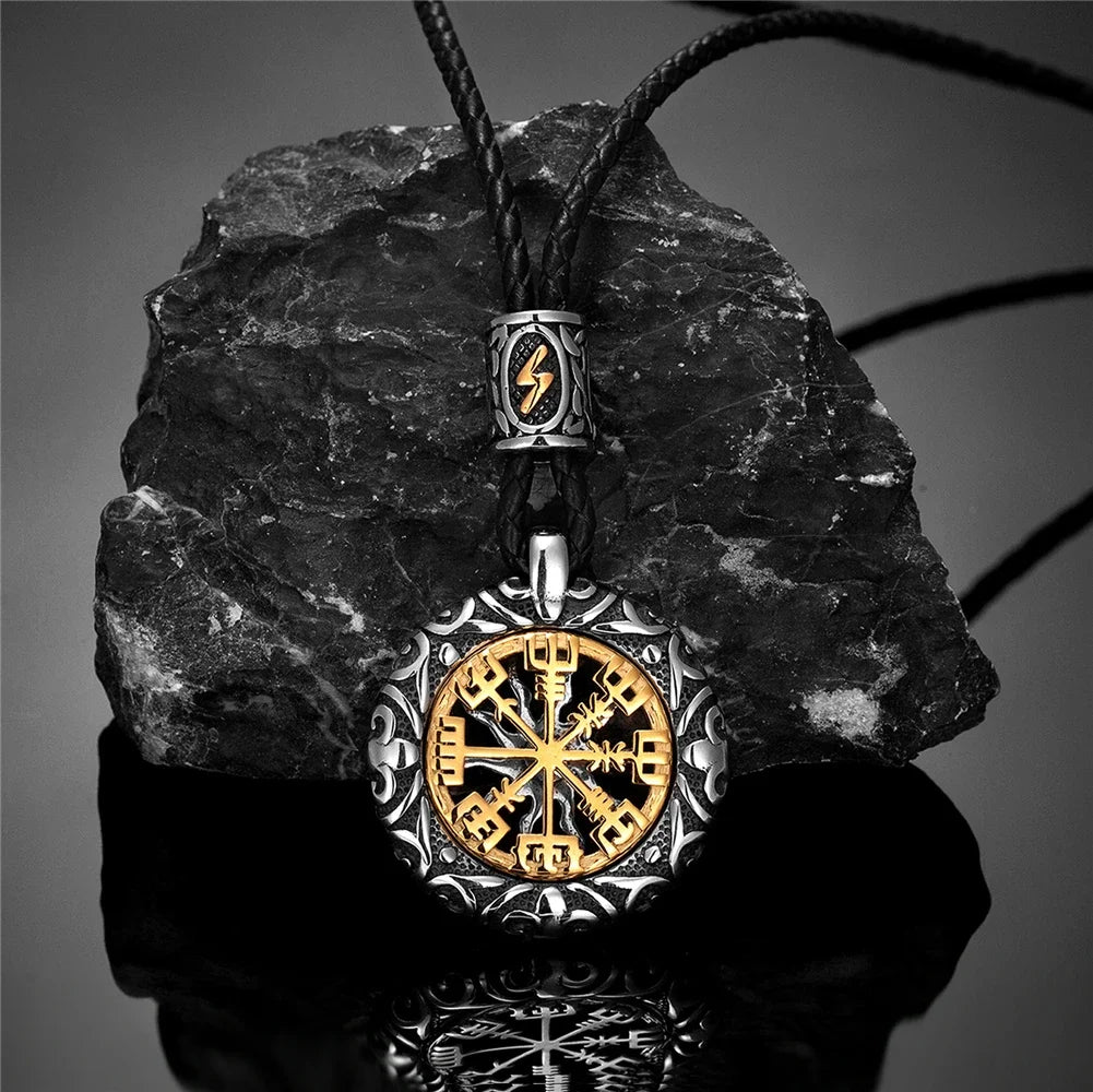 Retro Men Norse Rune Bead Compass Necklace Gold Color Hollow Out Sun Pendant Stainless Steel Vegvisir Amulet Male Viking Jewelry