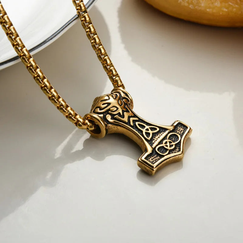 Viking Thor Hammer Pendant Necklace For Men Fashion Gold/Silver Color Stainless Steel Necklace Viking Amulet Jewelry Never Fade