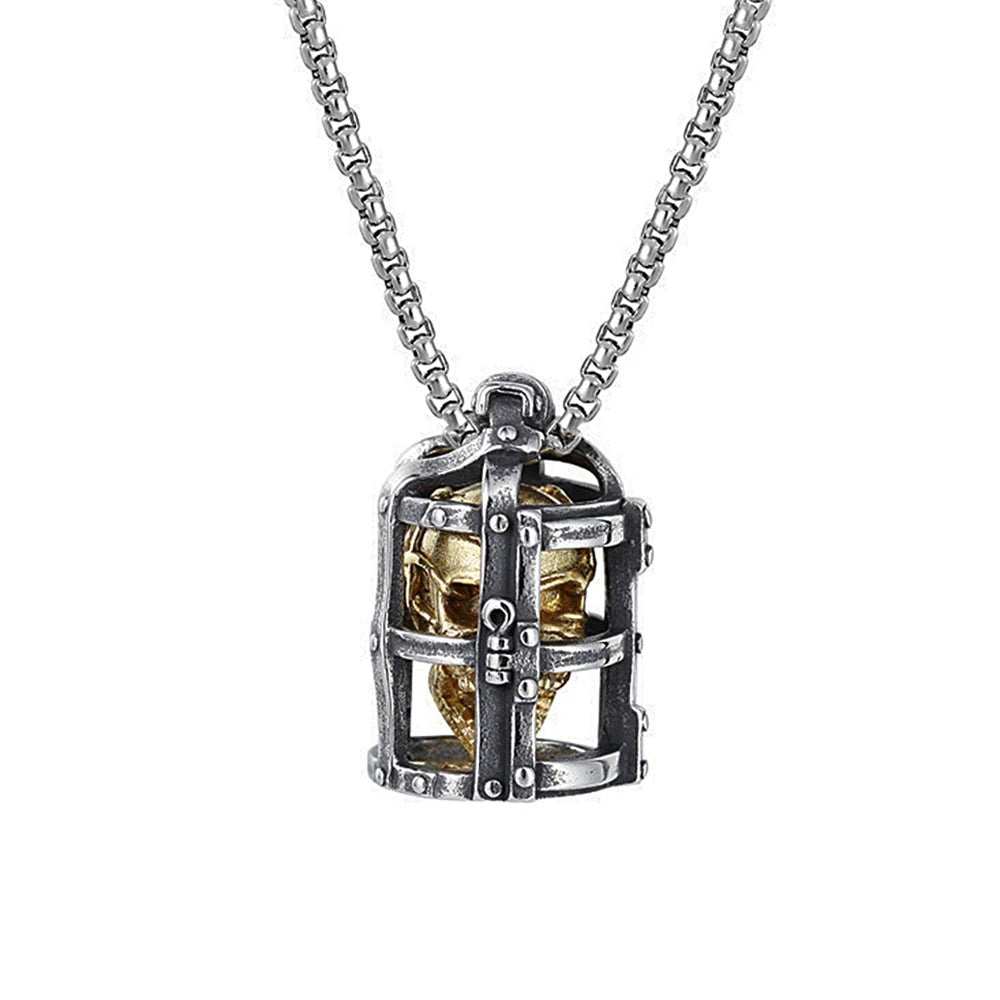 Gothic Cage Skull Pendant Necklace — Gold-Tone, Stainless Steel