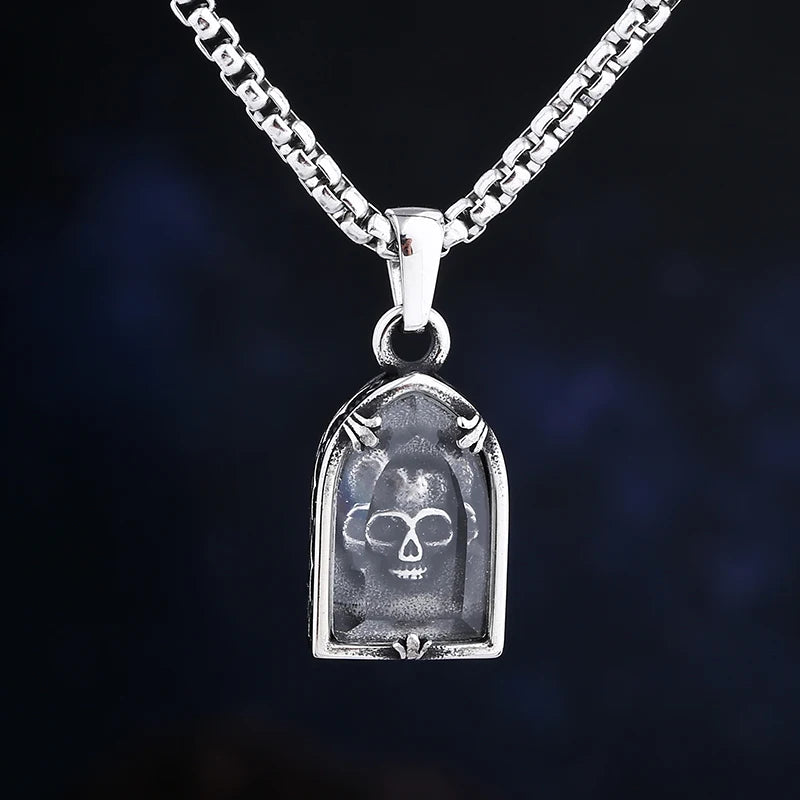 Skull Glass Pendant Necklace — Stainless Steel