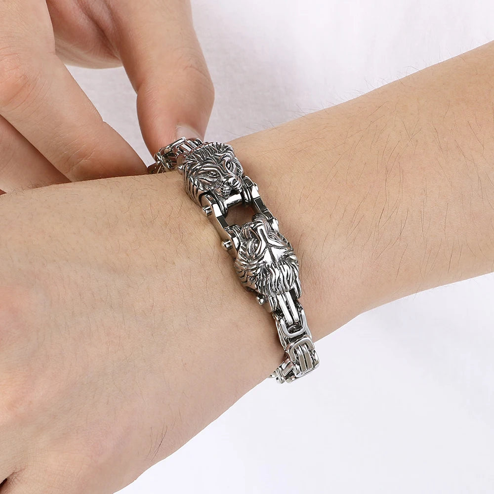 Cool 7MM Wide Men's Lion Head Link Chain Bracelet Vintage Blackened 316l Stainless Steel Bracelets Gothic Biker Jewelry
