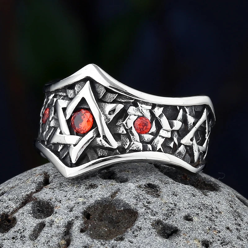 Biker Fashion 316L Stainless Steel Unique Star Ring With Red Stone Wear Anels For Man Women Fashion Couple Jewelry Wedding Gift