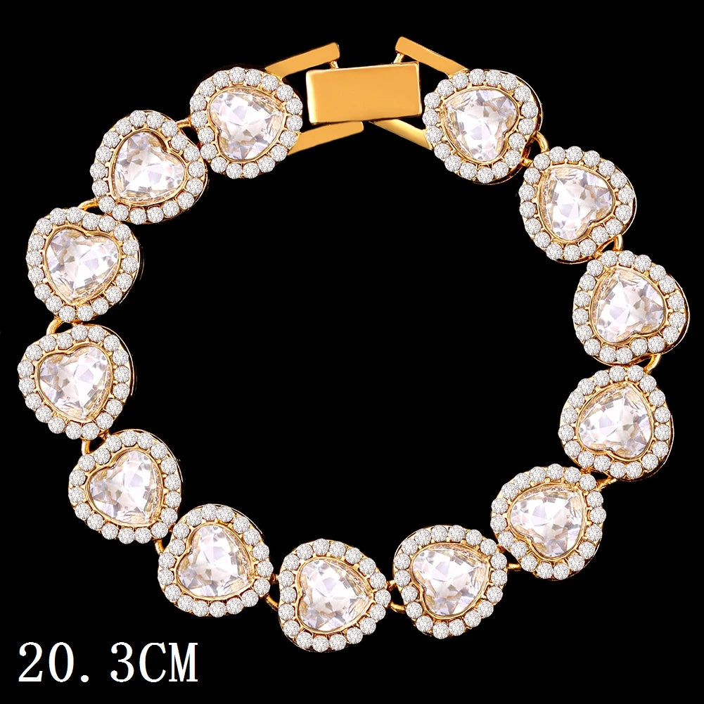 Hip Hop Full Crystal Heart Tennis Chain Bracelets for Men Women Bling Square Rhinestone Cuban Link Chain Bracelet Luxury Jewelry