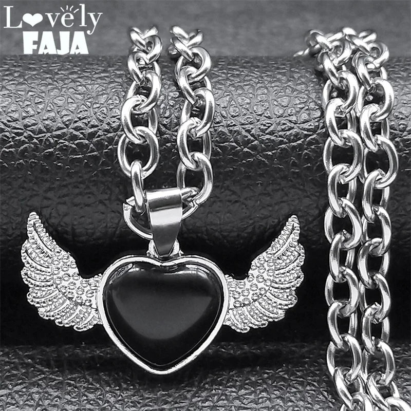 Gothic Heart Angel Wings Pendant — Black SS