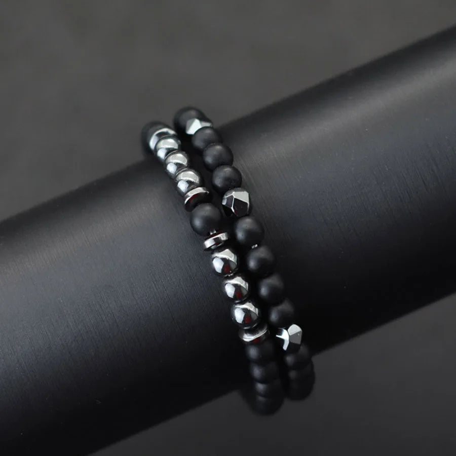 Black-Tone Beaded Bracelet Set — 6mm 8mm Wrap