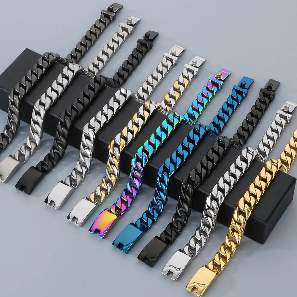 Classic 12MM Cuban Link Chain Bracelet for Man Waterproof Stainless Steel Men's Bracelets Wrist Hand Jewelry Boys Gifts