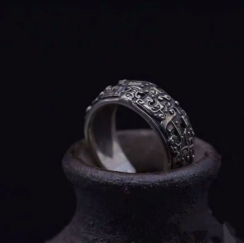 Retro Taotie Chinese Mythology Ring For Men Silver Color Punk Gothic Adjustable Ring Unisex Jewelry Accessories Gift