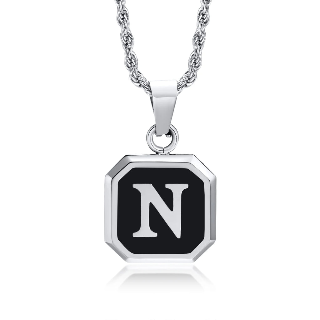 Initials Necklaces for Men Women,A-Z 26 Letters Black Square Stainless Steel Pendant Collar,45-60CM Twisted Rope Chain